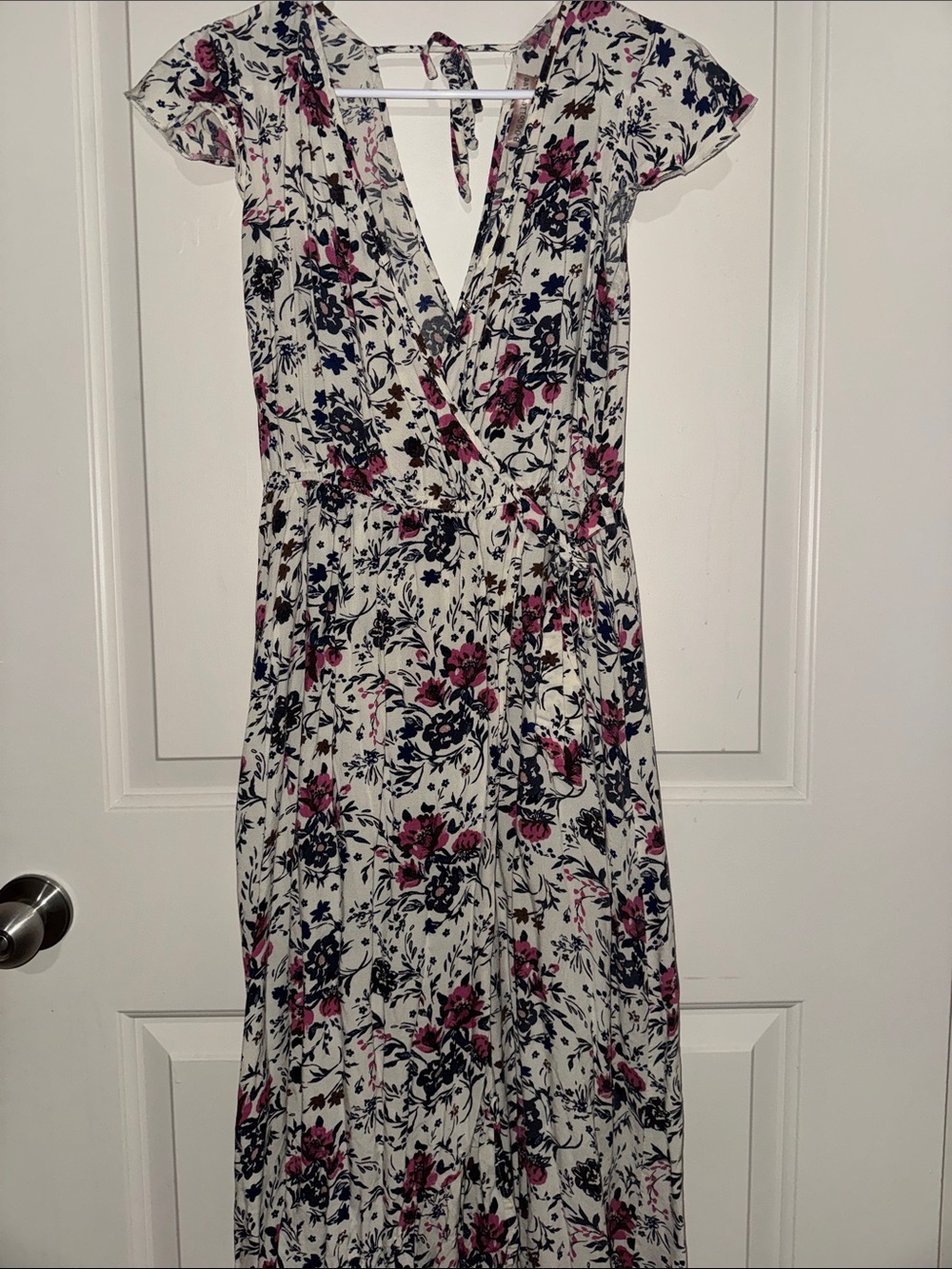 Floral Cream Wrap Maxi Dress with Pink and Navy Print